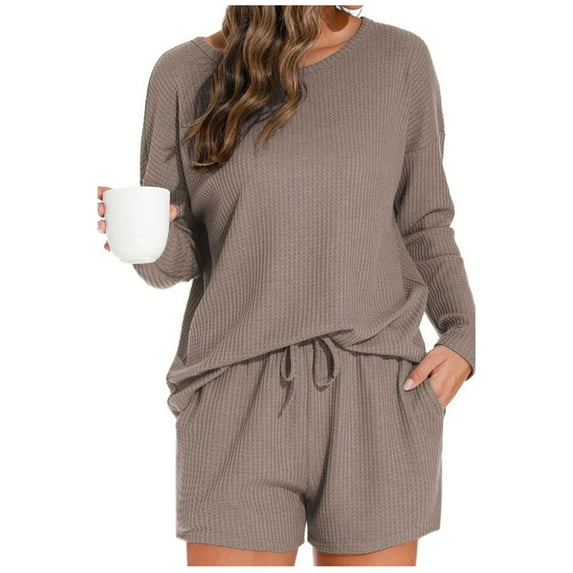 HUJlwoi Pj Sets for Woman Breathable 2 Piece Long Sleeve Top and Shorts Crewneck Loungewear Knitted Comfy Sleepwear with Pockets