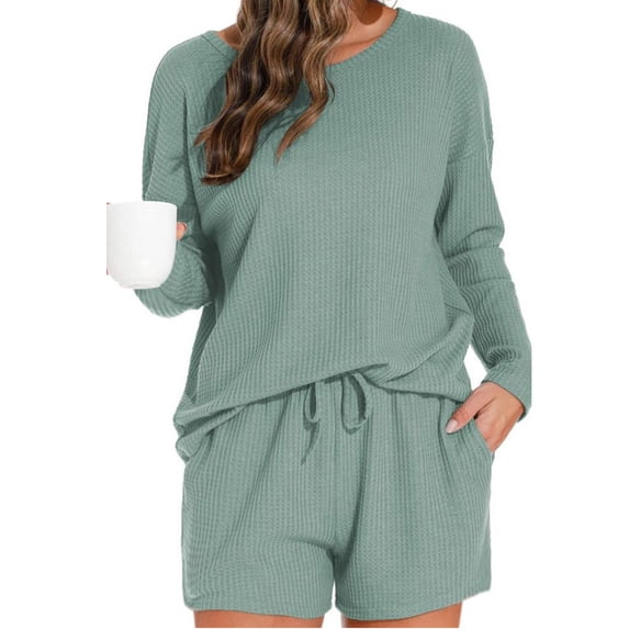 HUJlwoi Pj Sets for Woman Breathable 2 Piece Long Sleeve Top and Shorts Crewneck Loungewear Knitted Comfy Sleepwear with Pockets