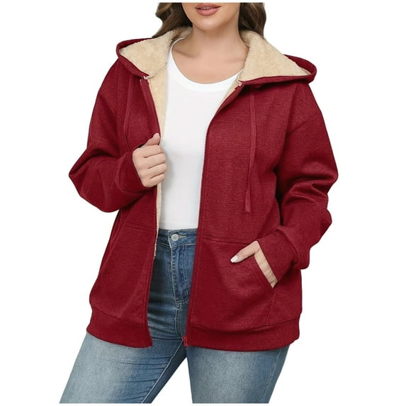 HUJlwoi Plus Size Jacket for Women Fleece Lined Long Sleeve Hooded Tops with Pocket Drawstring Zip up Outerwear Coat Warm Winter Clothes
