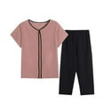thumbnail image 1 of HUJlwoi Plus Size Lounge Sets for Women Cotton Linen Short Tops and Long Pants 2 Pj Sets Solid Color Spring Summer Pajama Sets, 1 of 3
