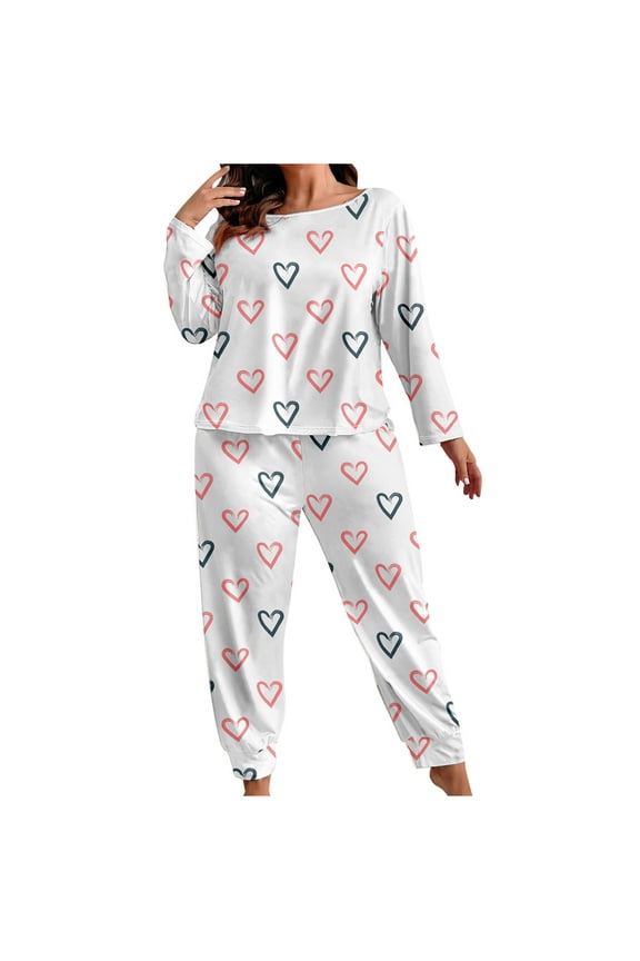 Plus Size Pajama Sets for Women 2 Piece Cute Printed Lounge Sets Long Sleeve Shirts and Pants Pjs Sets Loose Fit Loungewear Outfits