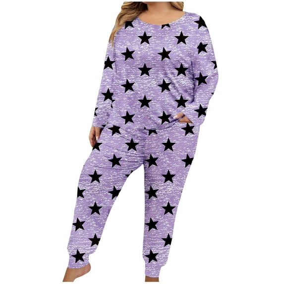 HUJlwoi Plus Size Pajama Sets for Women 2 Piece Cute Printed Lounge Sets Long Sleeve Shirts and Pants Pjs Sets Loose Fit Loungewear Outfits