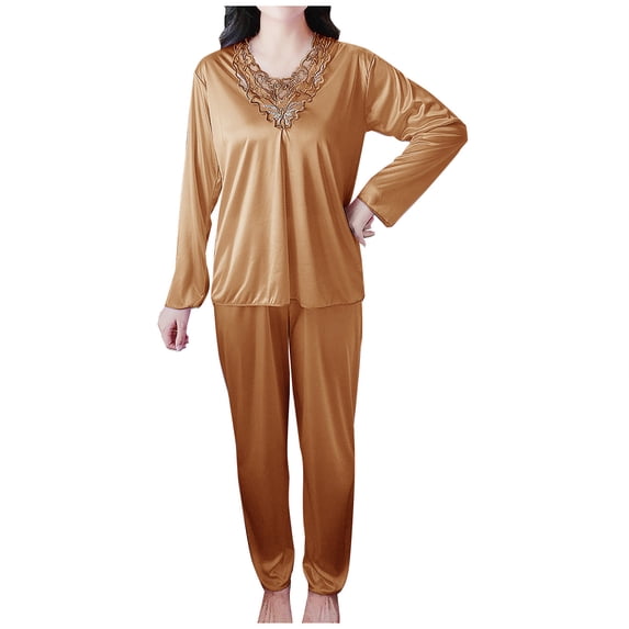 HUJlwoi Plus Size Pajamas for Women Set Silk Long Sleeve Trendy 2 Pieces Sleep Shirts with Pants V-Neck Solid Color Classic Loose Fit Loungewear