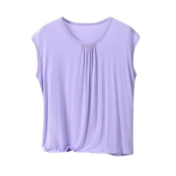 HUJlwoi Plus Size Tops for Women Pleated Casual Sleepwear Sleeveless Loose Fit Pajama Shirts Crew Neck Solid Color Modal Lounge Clothes