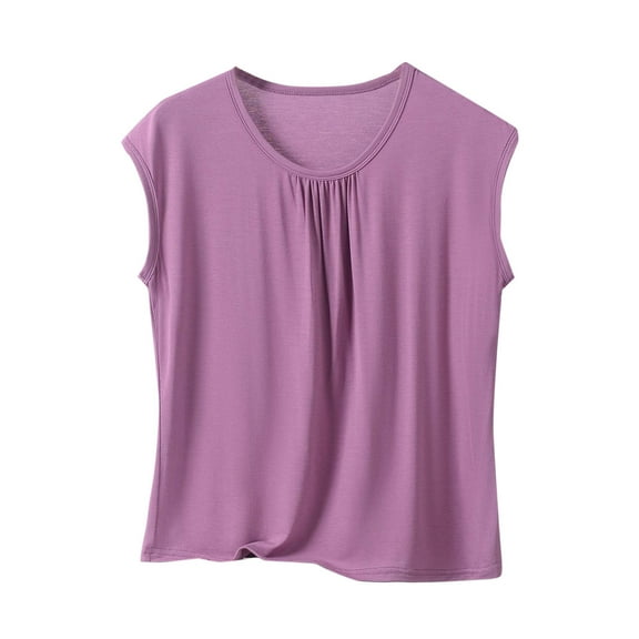 HUJlwoi Plus Size Tops for Women Pleated Casual Sleepwear Sleeveless Loose Fit Pajama Shirts Crew Neck Solid Color Modal Lounge Clothes