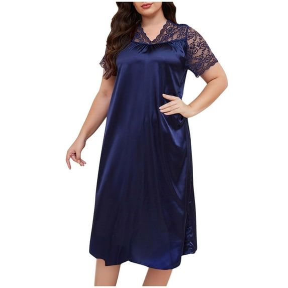 HUJlwoi Plus Size Women Sleepdress Silk Satin Soomth Nightgown Lace Trim Oversized Nightdress Short Sleeve V-Neck Long Chemise Sleepshirt