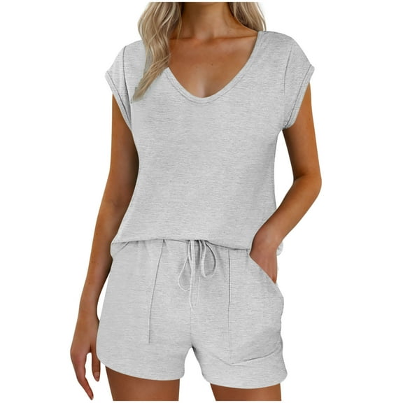HUJlwoi Pocket Lounge Shorts for Women Pajama Sets Cap Sleeve 2 Piece Loungewear Pjs Sets Solid Color Summer Sleepwear Matching Clothig