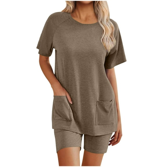 HUJlwoi Pockets Lounge Sets for Women Short Sleeve 2 Piece Shirts with Shorts Sleepwear Pjs Sets Solid Color Crew Neck Pajama Sets