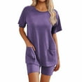 thumbnail image 1 of HUJlwoi Pockets Lounge Sets for Women Short Sleeve 2 Piece Shirts with Shorts Sleepwear Pjs Sets Solid Color Crew Neck Pajama Sets, 1 of 4