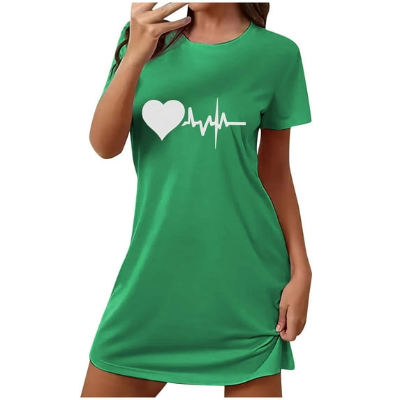 HUJlwoi Printed Women Nightgown Simple Graphic Sleepshirt Casual Summer Short Sleeve Nighshirt Above Knee Chemise Sleepwear