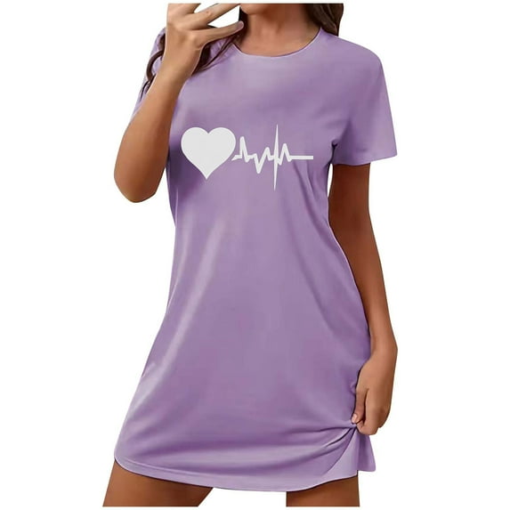 HUJlwoi Printed Women Nightgown Simple Graphic Sleepshirt Casual Summer Short Sleeve Nighshirt Above Knee Chemise Sleepwear