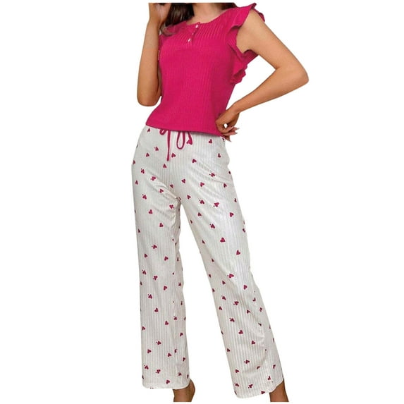 HUJlwoi Ribbed Loungewear Sets Women Ruffle Tank Tops and Heart Printed Pants Pajama Sets Button down Sleeveless Sleepwear 2 Piece Pj Sets