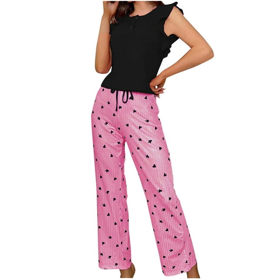 HUJlwoi Ribbed Loungewear Sets Women Ruffle Tank Tops and Heart Printed Pants Pajama Sets Button down Sleeveless Sleepwear 2 Piece Pj Sets