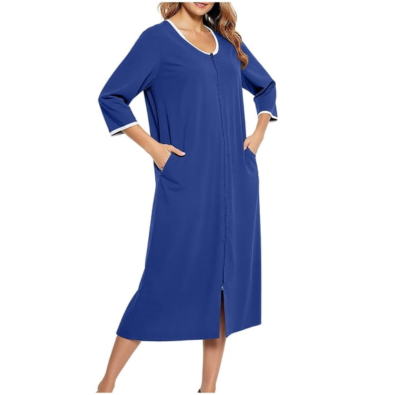HUJlwoi Robes for Women Scoop Neck Zipper Front Bathrobe 3/4 Sleeve Housecoat Soft Nightgown Loose Loungewear with Pockets