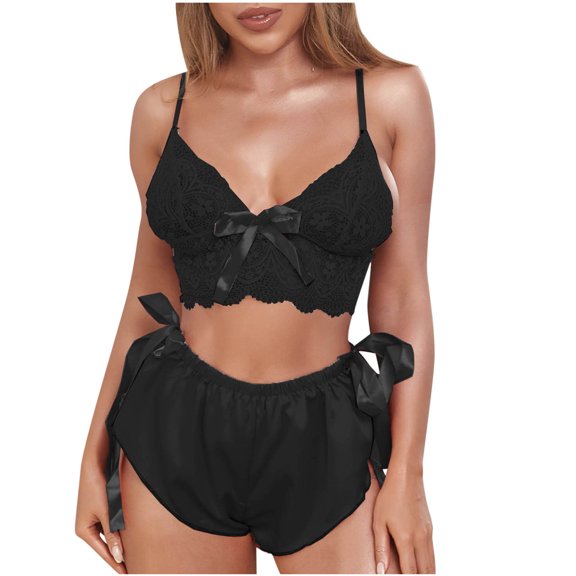 HUJlwoi Satin Lounge Sets 2 Piece Pj Sets Lace Trim Cami Shorts Sleepwear Outfits Crop Sleeveless Lightweight Spring Summer Pajama Sets