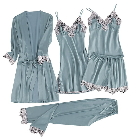 HUJlwoi Satin Lounge Sets Women Silk 5 Piece Pj Sets Sleeveless Spaghetti Strap Sleepwear Matching Clothing with Belted Robe