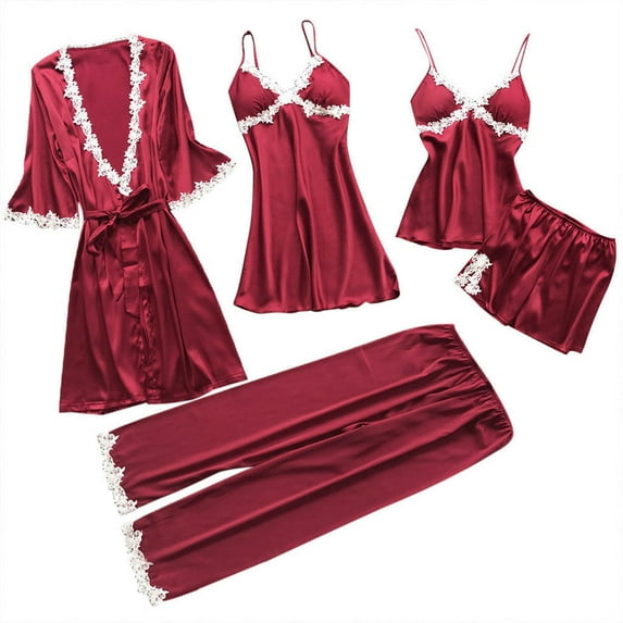 HUJlwoi Satin Lounge Sets Women Silk 5 Piece Pj Sets Sleeveless Spaghetti Strap Sleepwear Matching Clothing with Belted Robe