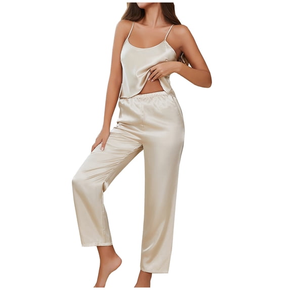 HUJlwoi Satin Lounge Sets for Women Lace Spaghetti Strap Cami 2 Piece Pjs Sets Sleeveless Solid Color Pajama Sets for Ladies Spring Summer