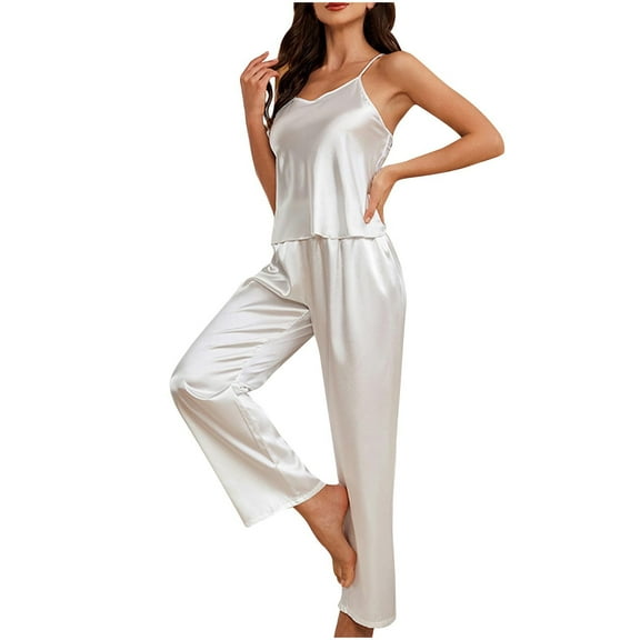 HUJlwoi Satin Lounge Sets for Women Silk Cami 2 Piece Pajama Sets Sleeveless Long Pants Pj Sets Solid Color Summer Loungewear Sleepwear