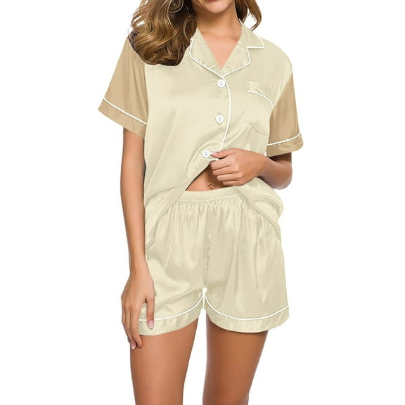 HUJlwoi Satin Pajama Sets Women Button down Short Sleeve Sleepwear with Shorts Summer Solid Color 2 Piece Lounge Pj Sets