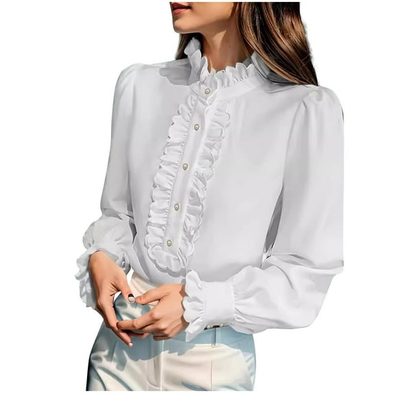 HUJlwoi Shirts for Women Business Work Tops Button Ruffle Long Sleeve Solid Color Fall Outfits Formal Dressy Blouses
