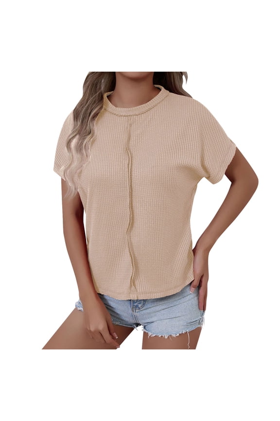Shirts for Women Crew Neck Short Sleeve Waffle Tops Plain Casual Vacation Clothes Solid Color Trendy Loose Fit Blouses