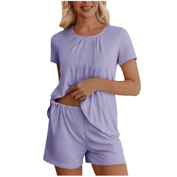 HUJlwoi Short Sleeve Lounge Sets for Women Pleated Crew Neck Loungewear Summer Trendy 2 Piece Pjs Sleepwear Pocket Casual Pajama Matching Clothing