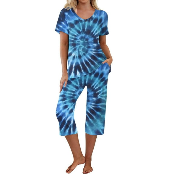 HUJlwoi Short Sleeve Pajama Sets for Women Capri Pants 2 Piece Sleepwear Sets Tie Dye V-Neck Ladies Lounge Matching Clothing