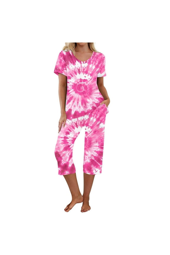 Short Sleeve Pajama Sets for Women Capri Pants 2 Piece Sleepwear Sets Tie Dye V-Neck Ladies Lounge Matching Clothing