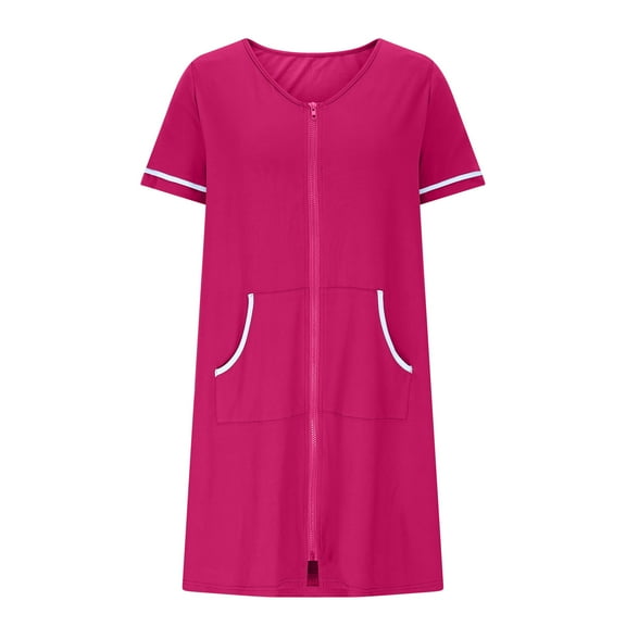 HUJlwoi Short Sleeve Sleepshirt for Women Soft Pockets Robe Nightshirt Loose Zip up Housecoat Casual Plain Bathrobe Nightgown
