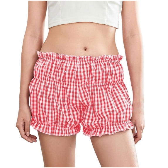 HUJlwoi Shorts for Women Lightweight Elastic Waist Ruffle Plaid Shorts Cute Comfortable Shorts Summer Fashion Outfits