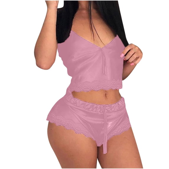 HUJlwoi Silk Satin Lounge Sets for Women Lace Trim Pajama Sets Spaghetti Strap Sleeveless 2 Piece Pj Sets Crop Summer Lightweight Sleepwear
