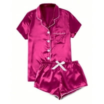 HUJlwoi Silk Satin Pajama Sets 2 Piece Short Sleeve Lounge Pj Sets Button down Tops and Shorts Sleepwear Outfits with Pocket