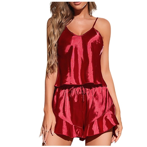 HUJlwoi Sleeveless Pajama Sets Women Satin 2 Piece Silk Cami Tops Matching Elastic Waist Ruffle Shorts Sleepwear Ladies Lightweight Pj Sets