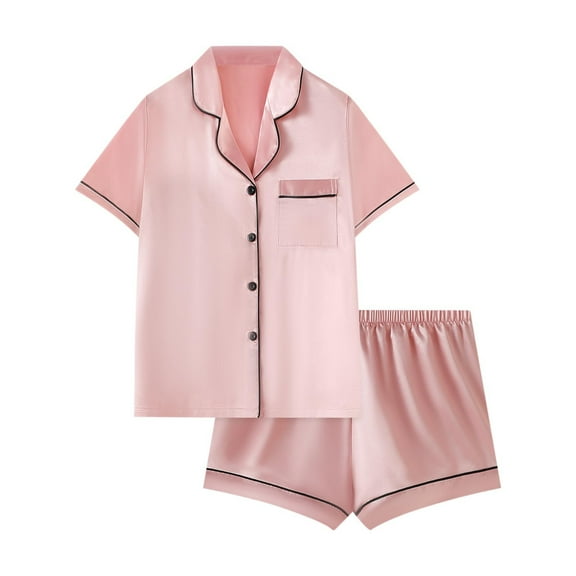 HUJlwoi Summer Pajamas for Women Satin Pocket Solid Color 2 Piece Lounge Shirts with Shorts Short Sleeve Button down Sleepwear