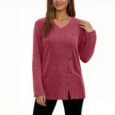 HUJlwoi Sweater for Women Solid Color V Neck Knit Ribbed Pullover Tops with Buttons Long Sleeve Trendy Loose Blouse Side Slit Shirt
