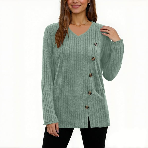 HUJlwoi Sweater for Women Solid Color V Neck Knit Ribbed Pullover Tops with Buttons Long Sleeve Trendy Loose Blouse Side Slit Shirt