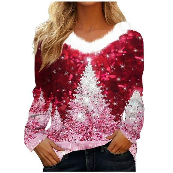 HUJlwoi Sweatshirts for Women Trendy Christmas Print V Neck Long Sleeve Tops Casual Comfy Winter Vacation Pullover Outfits