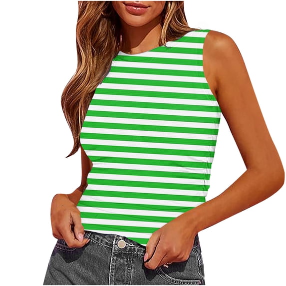 HUJlwoi Tank Tops for Women Lightweight Sleeveless Striped T Shirts Casual Round Neck Fitted Tee Summer Clothes Outfits