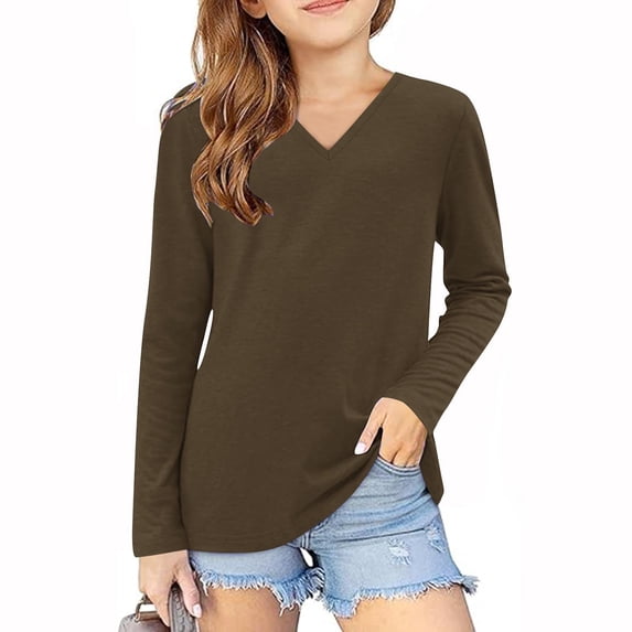 HUJlwoi Toddler Kids Long Sleeve Tops Baby Girls Lightweight V Neck Base Layer Shirts Casual Comfort Undershirt 3-14 Y