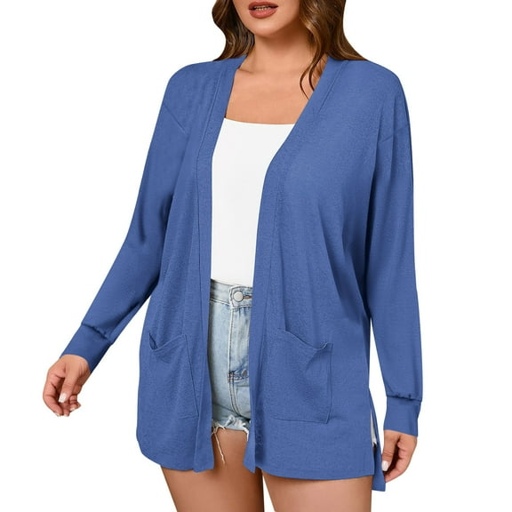 HUJlwoi Tops for Womens Open Front Breathable Cardigans with Pockets Long Sleeve Loose Soft Outerwear Coat with Side Split