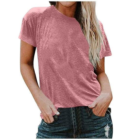 HUJlwoi Tshirts Shirts for Women Basic Solid Color Round Neck Spring Summer Tops Workout Loose Fit Comfy Tees Classic Short Sleeve Clothes