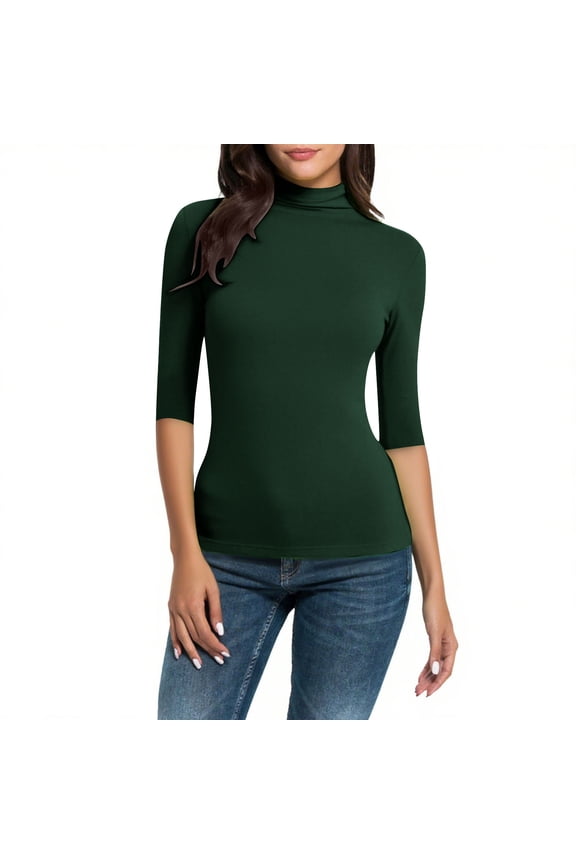 Turtleneck Tops for Women Half Sleeve Slim Fit T Shirts Solid Color Casual Tunic Basic Tee Blouse Thin Base Layer