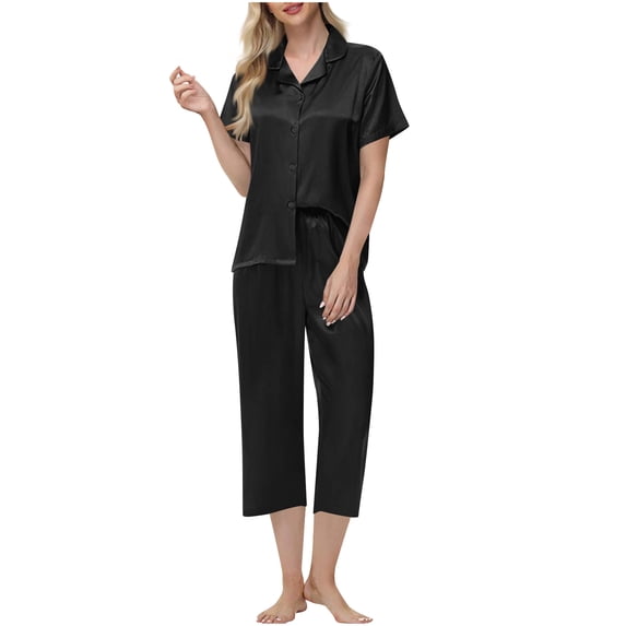 HUJlwoi Two Piece Pj Sets for Woman Comfy Stain Short Sleeve Button down Sleep Shirt with Capri Pants Pajama Set Soft Loungewear