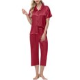 thumbnail image 1 of HUJlwoi Two Piece Pj Sets for Woman Comfy Stain Short Sleeve Button down Sleep Shirt with Capri Pants Pajama Set Soft Loungewear, 1 of 7