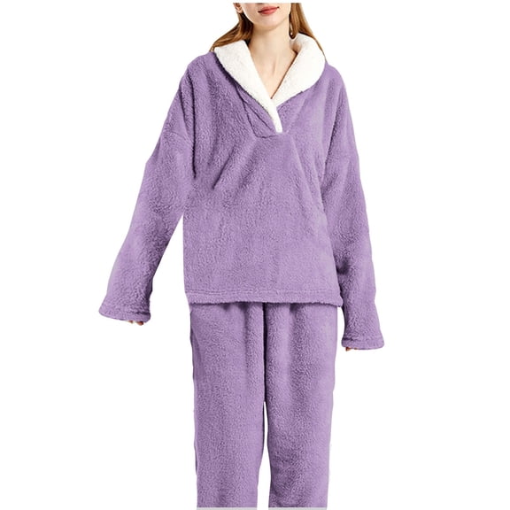 HUJlwoi Two Piece Pj Sets for Woman Fluffy Long Sleeve Warm Sherpa Pullover Thermal Pants Pajama Set Loose Comfy Sleepwear