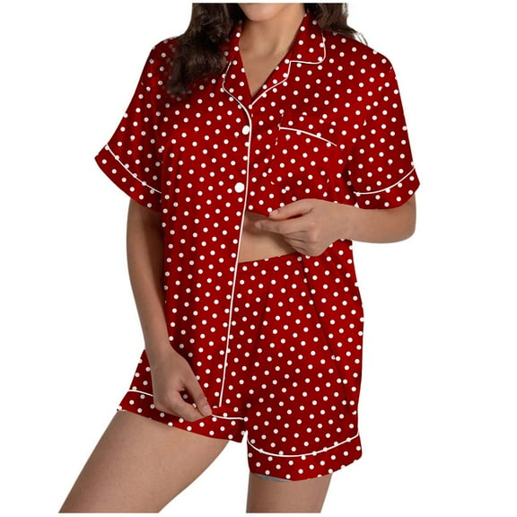 HUJlwoi Two Piece Pj Sets for Women Lightweight Short Sleeve Button down Sleep Shirt and Polka Dots Shorts Pajama Set Comfy Loungewear