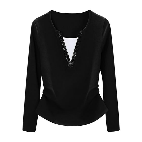 HUJlwoi V Neck Shirts for Women Casual Long Sleeve Fashion Tops Solid Color Loose Trendy Fall Blouse Clothing Outfits