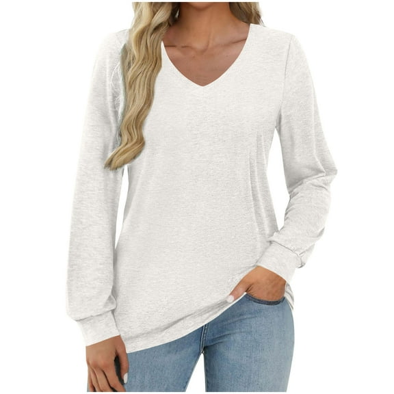HUJlwoi V Neck Shirts for Women Casual Loose Long Sleeve Lightweight Tops Solid Color Fashion Basic Fall Blouses Outfits