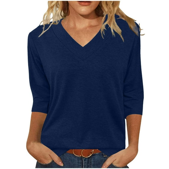 HUJlwoi V-Neck T Shirts for Women 3/4 Sleeve Basic Pullover Spring Summer Solid Color Casual Tees Fashionable Tunic Tops